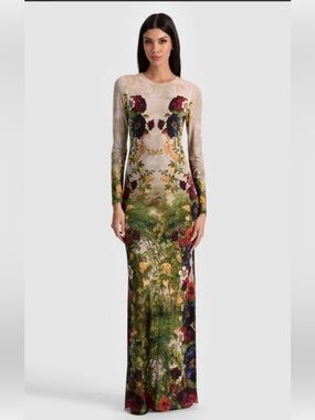 Alice + Olivia Delora Cream Maxi Dress with Green and Burgundy Floral Print